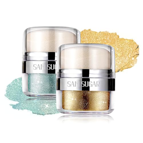 Afmicat Body Shimmer Powder, 2PCS Body Glitter Powder with Sponge Head, 3D Contour & Long Lasting Luminous, Glow Highlighter Makeup for Face, Eyes, Hair, Perfect for Daily, Party (Cyan/Gold)