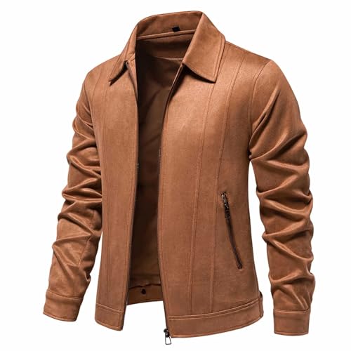 Men's Suede Jacket Spring Fall Full Zip Up Jackets Vintage Faux Leather Coat Outwear with Zipper Pockets for Business
