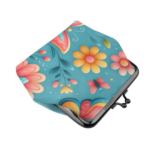 Pu Leather Buckle Coin Purse Butterflies-Flowers-Blue Girls Kiss-Lock Change Purse Wallets3