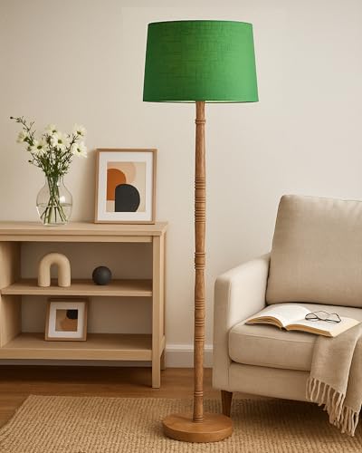 Image of Homesake Mid Century Modern Floor Lamp for Living Room | Hand Turned | Corner Lamp for Living Room, Stand Lamp with Fabric Lampshade for Bedroom, Study Room and Office, (Green)