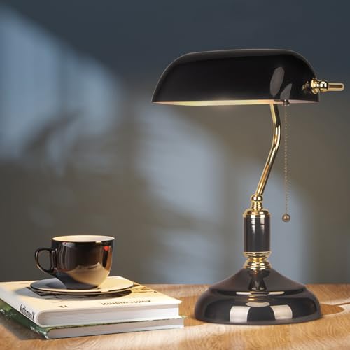 FIRVRE Nero Lampada da scrivania Banker tradizionale american vintage in vetro con interruttore a strappo E27 Lampada da tavolo retrò in bronzo Finitura LED per ufficio Biblioteca Camera