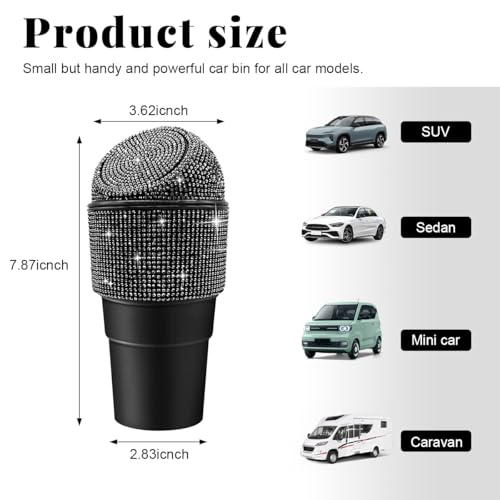Image of Yourkar Bling Car Trash Can with Lid, Sparkling Crystal Auto Garbage Can with Leak-Proof Lid, Multipurpose Waterproof Trash Bin for Automotive Home Office Kitchen Bedroom (Black)