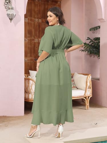 Image of SCOMCHIC Women Plus Size Maxi Dress Short Sleeve Wrap V Neck High Low Split Ruffle Long Dress