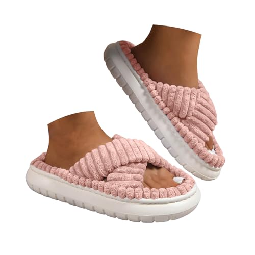 Slippers For Women Memory Foam Women's Cross Band Slipper Soft Plush Fleece Lightweight Non Slip Open Toe Flip Flop Shoes House Indoor Outdoor Fur Fuzzy Slides