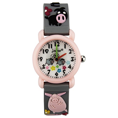 KZKR Montre pour enfant fille et garçon - Montre bracelet en nylon à quartz analogique facile à lire - Montre d'apprentissage sportive pour garçon - Cadeau - Cochon gris Cover
