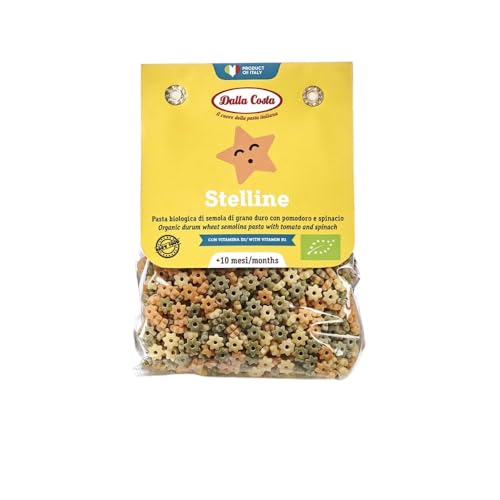 Dalla Costa Stelline Pasta Tricolores al Tomate y Espinacas Pasta Orgánica para Niños con Vitamina B1. Made in Italy. Paquete Ahorro 8x200 gramos