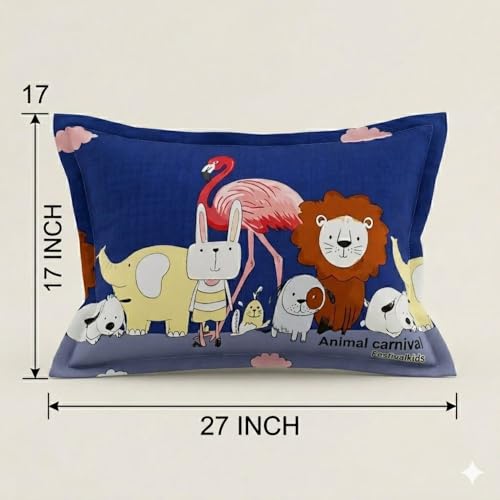 Image of Filymore Animal Carnival Elastic Fitted bedsheet for Kids Room Single Bed 240 TC Soft Microfiber 1 bedsheet and 1 Pillow Covers (Size 72 x 36 inches) fit up to 6 inches Mattress(Color-Blue and Grey)