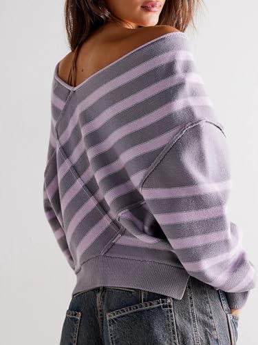 Image of Womens Oversized Off Shoulder Sweaters Striped Loose V Neck Cropped Long Sleeve Color Block Knitted Pullover