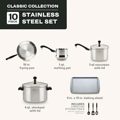 Image of Farberware Classic Series Stainless Steel Pots and Pans with Baking Sheet Pan, Cooking Tools, and Lids, Induction Ready, Dishwasher Safe, 10 Piece Cookware Set, Metal Utensil Safe - Stainless Steel