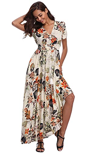 Image of VintageClothing Women's Floral Maxi Dresses Boho Button Up Split Summer Casual Long Dress Beach Party Dress