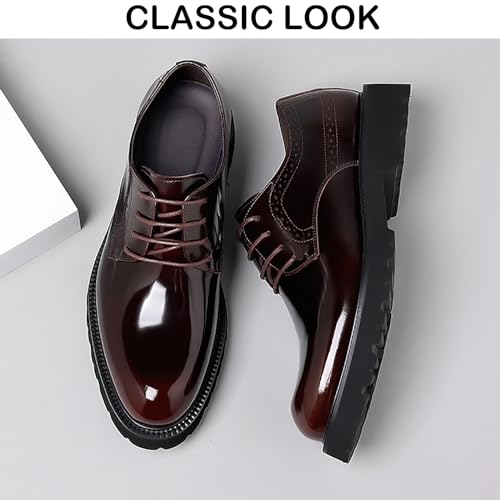 Image of Men's Patent Leather Lace Up Platform Work Oxfords Round Toe Slip Resistant Low Top Lug Sole Brogues Dress Shoes Comfortable Business Formal Shoes