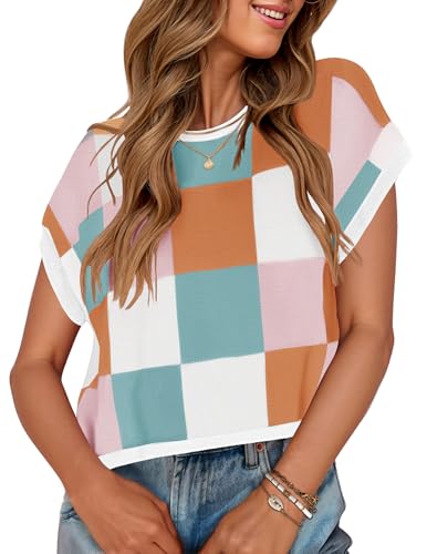 Image of ZESICA Women's Summer Trendy Knit Top 2026 Floral Print Short Sleeve Crewneck Loose Fit Sweater Vest Going Out Clothes