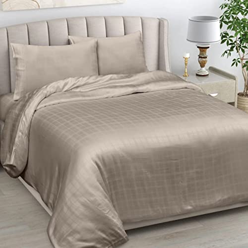 Image of Linenwalas 100% Vegan Bamboo Silk Fitted Bedsheet Natural Soft and Best for Hair and Delicate Skin(Self Checks Taupe,Single 60 x 90 Inches)