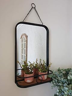 Industrial vintage black metal wall mirror with shelf bathroom bedroom home