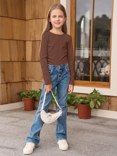 Image of Haloumoning Girls Long Sleeve Shirts Crewneck Ruched Side Slim Fit Tops Ribbed Knit Casual Tee Shirt 4-15 Years