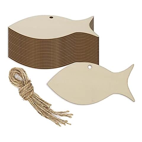 20pcs Fish Shape Unfinished Wood Cutouts DIY Crafts Blank Hanging WoodenTags Ornaments with Ropes for Summer Ocean Sea Theme Party Decoration, 3.94x1.93 in Cover
