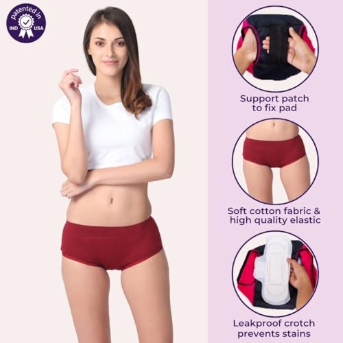 Image of Adira | Period Panty Boxer for Women | Boxer Fit for High Flow | with Support Patch for Pad | Leakproof & Skin Friendly | for School, Travel & Work | Patented | Pack of 2
