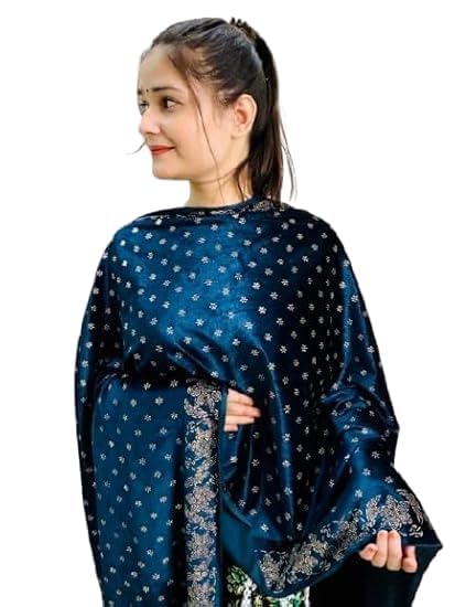 Women's Teal Blue Velvet Dupatta Shawl with Glitter Work Border-picture-10