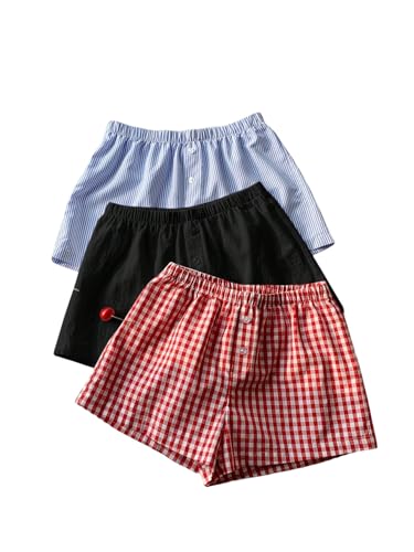 Image of MakeMeChic Women's 3 Pack Linen Shorts Gingham Striped Beach Shorts