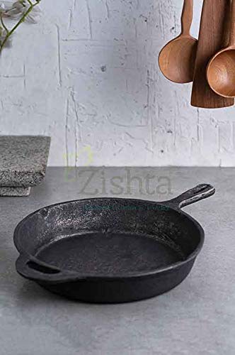Zishta Traditional Handmade Cast Iron Skillet - Medium | Natural Cookware Pre-Seasoned | Induction Frying Pan | Iron Pan | Cast Iron Cookware For Kitchen | Black (Depth: 5.1cm, Dia: 25.4cm, Cap: 1.5L, 3 Kg)