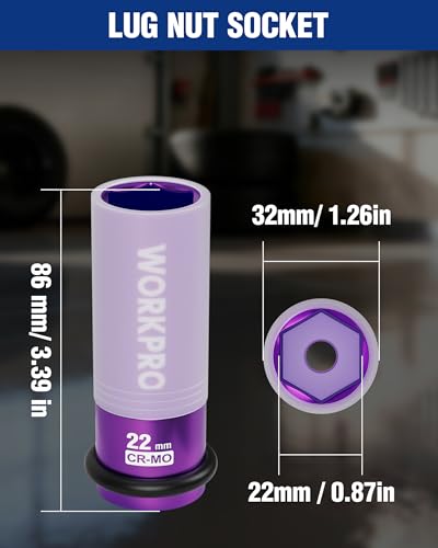 Image of WORKPRO 1 /2 inch Drive Lug Nut Impact Duty Socket, 22mm Deep Thin Wall Socket, Made of Premium Cr-Mo Steel, Non-Marring Lug Nut Wheel Sockets for Car