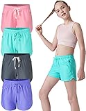 4 Pack Youth Girls Athletic Shorts 3', Girls Soccer Shorts, Kids Workout Gym Clothes Activewear Apparel with Zipper Pockets (Set 1, Small)