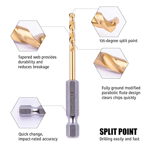 Jefe Hex 1/8" (Pack Of 3, 8 Packs, Total 24 Pcs) Hex Shank Hss Titanium Twist Drill Bit Set, 135 Degrees Split Point For Anti-Walking Drill Bits #TOP1