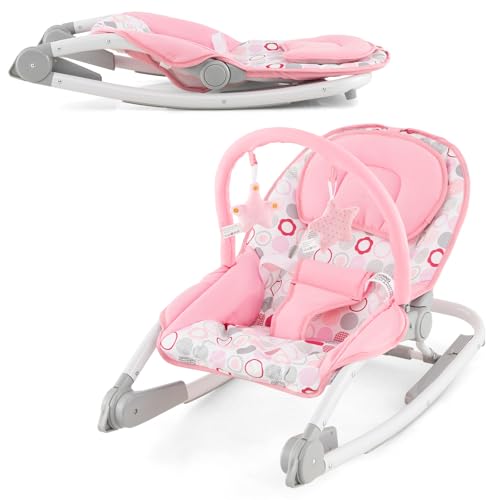 GOPLUS Hamaca Mecedora de Bebé 2 en 1, Mecedora y Saltador Portátil con Asiento Fijo Plegable con Respaldo Ajustable en 3 Niveles, Barra de Juguetes Desmontable, Balanceador para Niño 0-6 Meses (Rosa)