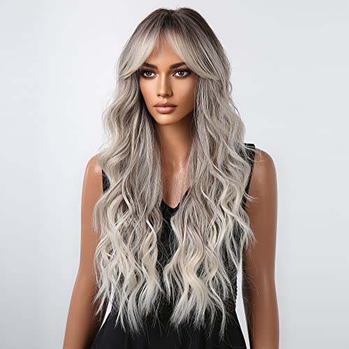 Gray Wigs For Black Women Long Ombre Brown Grey Curly Wig With Air Bangs Dark Roots Heat Resistant Synthetic Wig For Daily Use #TOP3