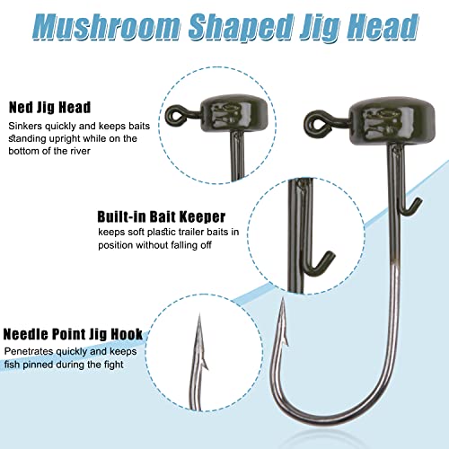 Ned Rig Mushroom Jig Heads Kit,25Pcs Finesse Shroom Head Jig Hooks For Soft Bait Lures Bass Crappie Jig Heads Fishing Hooks For Freshwater Saltwater 1/10Oz 1/8Oz 1/6Oz #TOP1