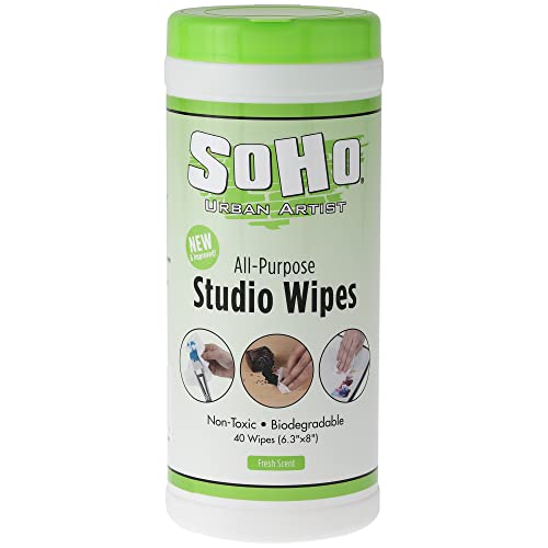 SoHo Urban Artist Multi-Surface Wipes, 40 Count, 1 Canister, Non Toxic Biodegradable Stay Fresh Paint Brush Cleaner Wipes, Use on Brushes, Hands, Palettes, Floors, No Need for Water Or Turpentine