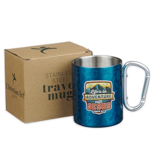 Image of Christian Art Gifts Stainless Steel Double-Wall Insulated Glow in the Dark Camp Style Mug with Carabiner Style Handle for Kids: Adventure with Jesus Inspirational Bible Verse, Blue Multicolor, 9 oz.