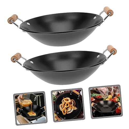 2 piezas Wok para cocina con mango de madera miniatura 2