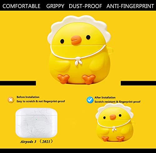 KAKUYI (Little Yellow Chicken) Airpods 3 Case Cover Soft Silicone 2021, 3D Cute Cartoon Cover Funny Protective Case Compatible with Airpods 3 Case, Anime Design with Keychain for Kids Teens Boys Girls