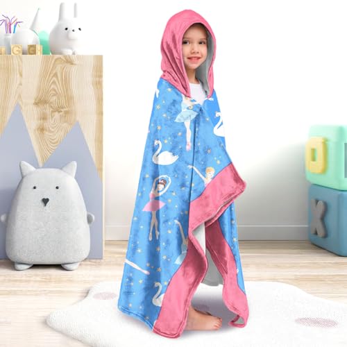 Image of Dance Girls Beach Towel with Hoodie for Kids Toddlers Age 4-8, Pink Blue Bath Towels Shower Wrap for Girls, Hooded Poncho Beach Blanket for Pool Swimming Cute Wearable Bath Towel for Child