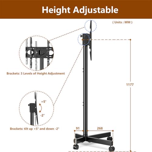 Soporte móvil para TV con ruedas, ajustable en altura y tiltable miniatura 3