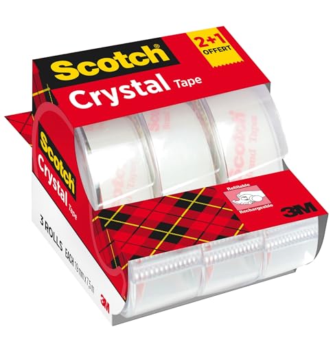 Scotch Crystal Ruban Adhésif Transparent, 2 Rouleaux avec Dévidoir Manuel + 1 Rouleau GRATUIT, 19 mm x 7,5 m – Ruban Transparent Polyvalent pour l’École, la...