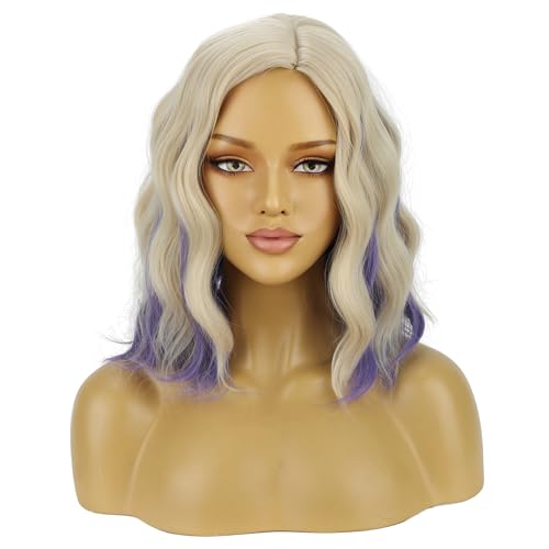 Image of BERON Women Blonde Mixed Purple Short Wavy Wig Girls Shoulder Length Curly Wigs Side Part Heat Resistant Synthetic Wig for Cosplay Costume Daily or Party