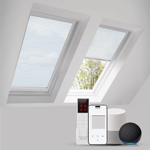 ZSTARR Motorized Skylight Shades Cellular Honeycomb Electric Blinds with Solar Panel Cordless Rechargeable Shades with Remote Light Filtering for Roof Inclined Plane Room Custom Size(Sheer White)