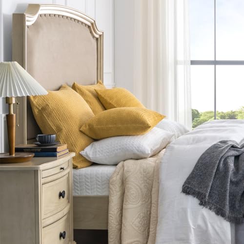 Image of 18x18 Throw Pillow Covers Set of 2 Boho Decorative Pillow Shams Stone Washed Cotton Pillowcase Waffle Square for Couch Sofa Chair Bed Car, Yellow
