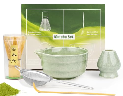 5 Pcs Matcha Whisk Set Green Ceramic Matcha Set Matcha Kit Includes Matcha Bowl with Pouring Spout Matcha Whisk (Chasen) and Holder Sifter Bamboo Scoop - Gifts for Matcha Beginners and Lovers Women