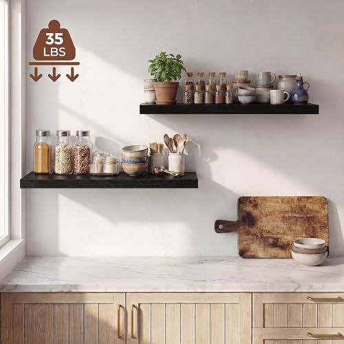 Image of Dreamland 32 Inches Floating Shelves for Wall, 9.3 inch Deep Long Floating Shelves Set of 2, Large Display & Storage Shelf, Wall Shelf for Bathroom Bedroom Living Room Kitchen Office, Black