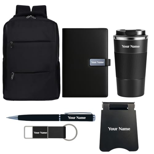 Image of Giftana 6 in 1 Bagpack with Personalized Diary with Pen, Keychain, Mobile Stand, Coffee Tumbler 510ml with Name, Customized New Joiner Welcome Kit Corporate, Personalized Corporate Gift Set - Black