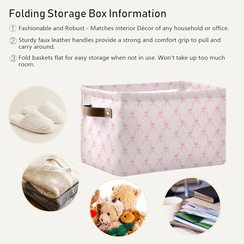 Image of Wamika Pink Bowknot Storage Basket with Waterproof Liner and PU Handles Bow Coquette Storage Bins Boxes 14.2 inch Collapsible Decorative Organizer Baskets for Bedroom Closet Office 1 Pack