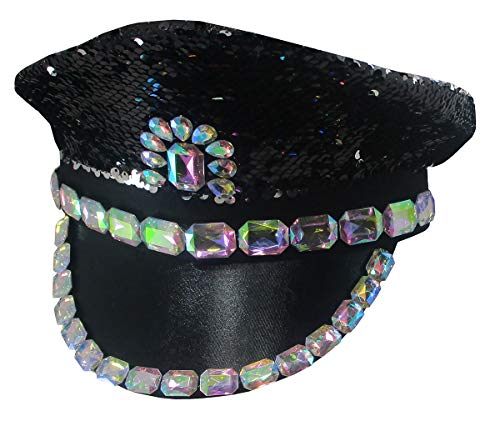 Nicky Bigs Novelties Adult Sequin Captain Rhinestone Hat - Police Festival Hats - Burning Disco Halloween Costume Accessory, Black, One Size