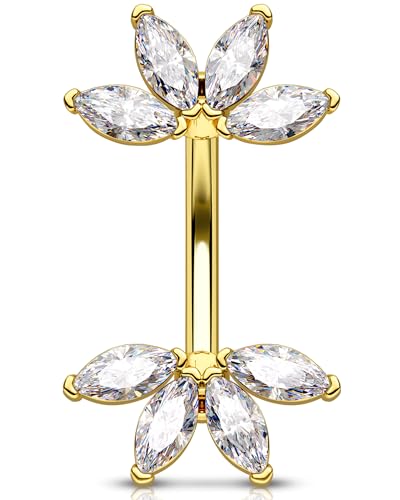 OUFER 14G Or Piercing Nombril Acier Chirurgical 316L Fleur Piercing de Ventre Transparent Marquise CZ Anneau Nombril Belly Button Bar pour Femme 8 mm