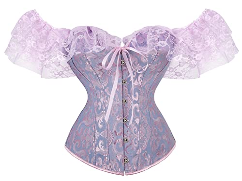 Moessa Women Floral Lace Off Shoulder Corset Bustier Boned Overbust Corset Bodyshaper Lingerie Top 902-Purple-XL