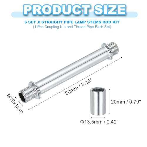 Image of PATIKIL Straight Pipe Lamp Stems Rod Kit, 6 Set M10 Carbon Steel 80mm(3.15 inch) Long Double End Thread Rod with Coupling Nuts Sleeve Connector for Table Lamps Chandeliers, Silver Tone