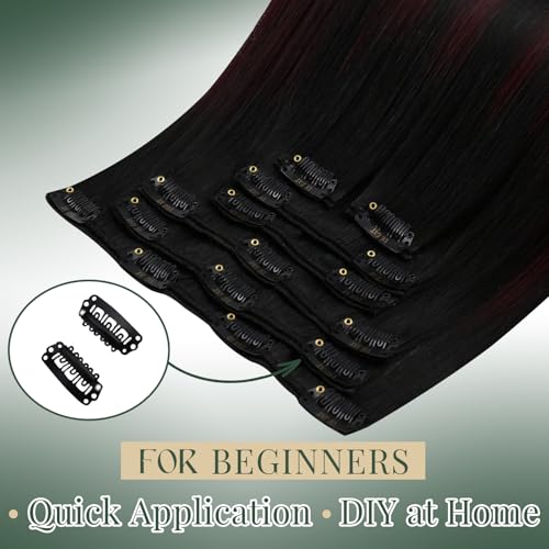 Image of Ugeat Human Hair Clip in Extensions, Clip in Human Hair Extensions 22 Inch 7pcs 120g, Clip on Hair Extensions for Women, Natural Black Ombre Burgundy
