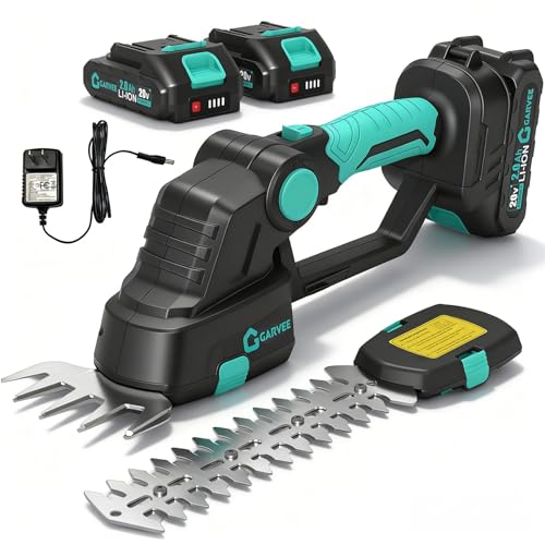 Garvee Cordless Hedge Trimmer with Battery - Grass Shear & Shrubbery Trimmer - 2 in 1 Handheld 20V Electric Grass Trimmer Hedge Shears Grass Cutter with 2 * 2.0Ah Batteries & Charge Base
